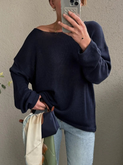 Boat Neck Drop Shoulder Sweater Dark Navy