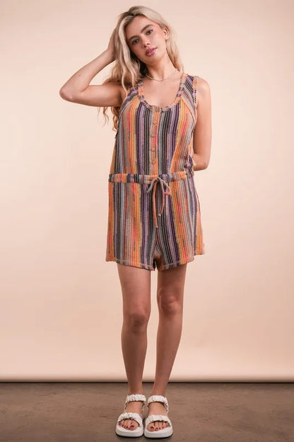 VERY J Crochet Multi Color Striped Casual Summer Romper