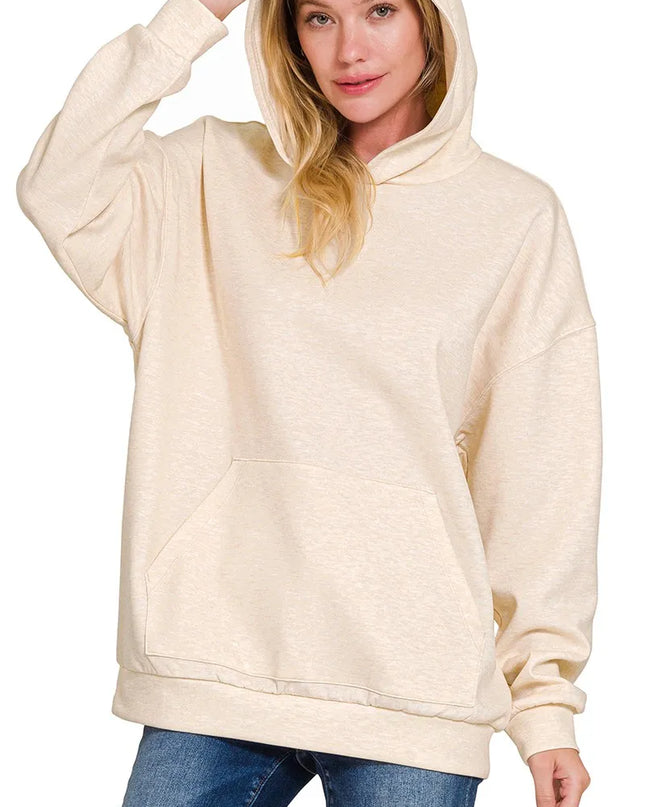 Zenana Oversized Scuba Hoodie with Kangaroo Pocket H BEIGE