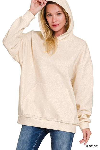 Zenana Oversized Scuba Hoodie with Kangaroo Pocket H BEIGE