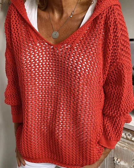 Openwork Long Sleeve Hooded Knit Cover Up Red