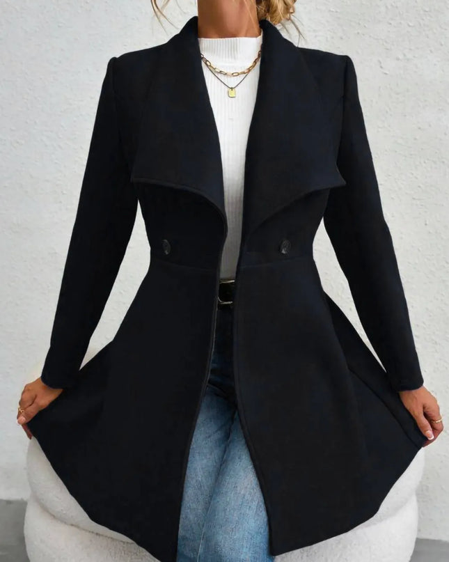 Collared Neck Button Up Long Sleeve Coat Black