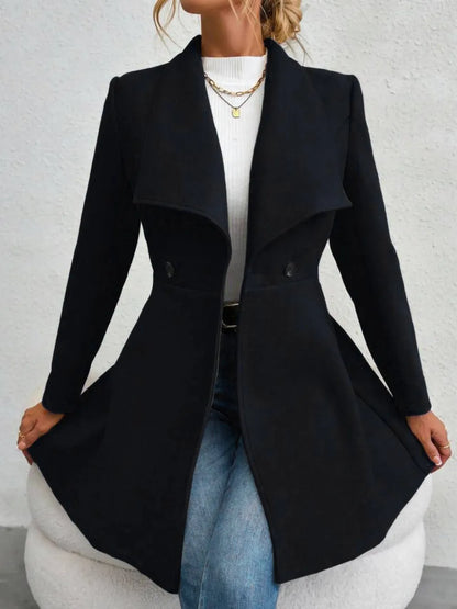 Collared Neck Button Up Long Sleeve Coat Black