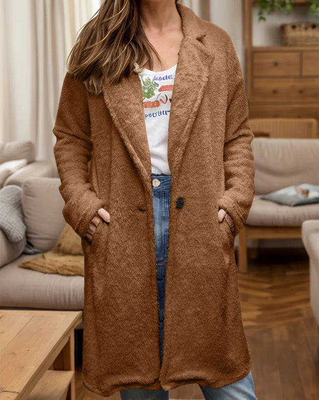 Full Size One Button Long Sleeve Longline Plush Coat