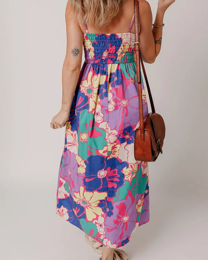 Floral Print Shirred Spaghetti Strap Loose Maxi Dress