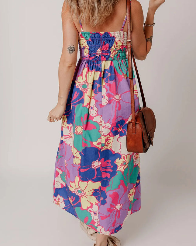 Floral Print Shirred Spaghetti Strap Loose Maxi Dress