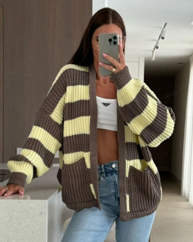 Striped Open Front Long Sleeve Cardigan