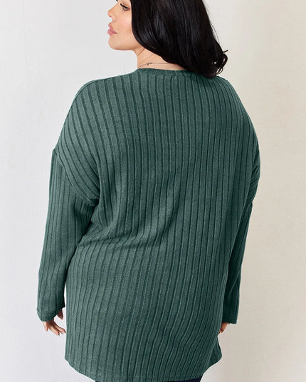 Basic Bae Full Size Ribbed Half Button Long Sleeve High-Low T-Shirt