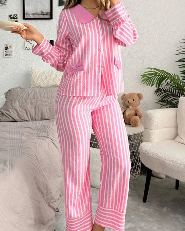 Stripe Buttoned Front Long Sleeve Top and Pants 2 Piece Sleepwear