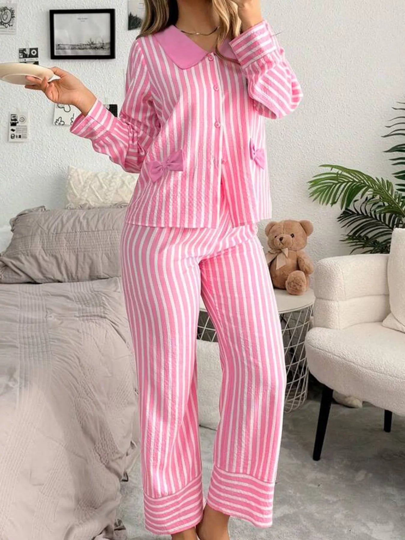 Stripe Buttoned Front Long Sleeve Top and Pants 2 Piece Sleepwear