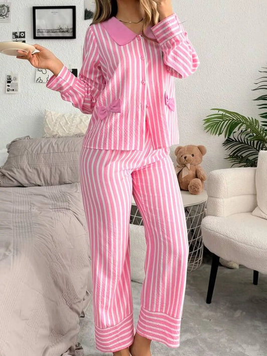 Stripe Buttoned Front Long Sleeve Top and Pants 2 Piece Sleepwear