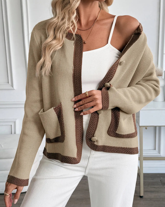 Button-Front Cardigan with Contrast Trim