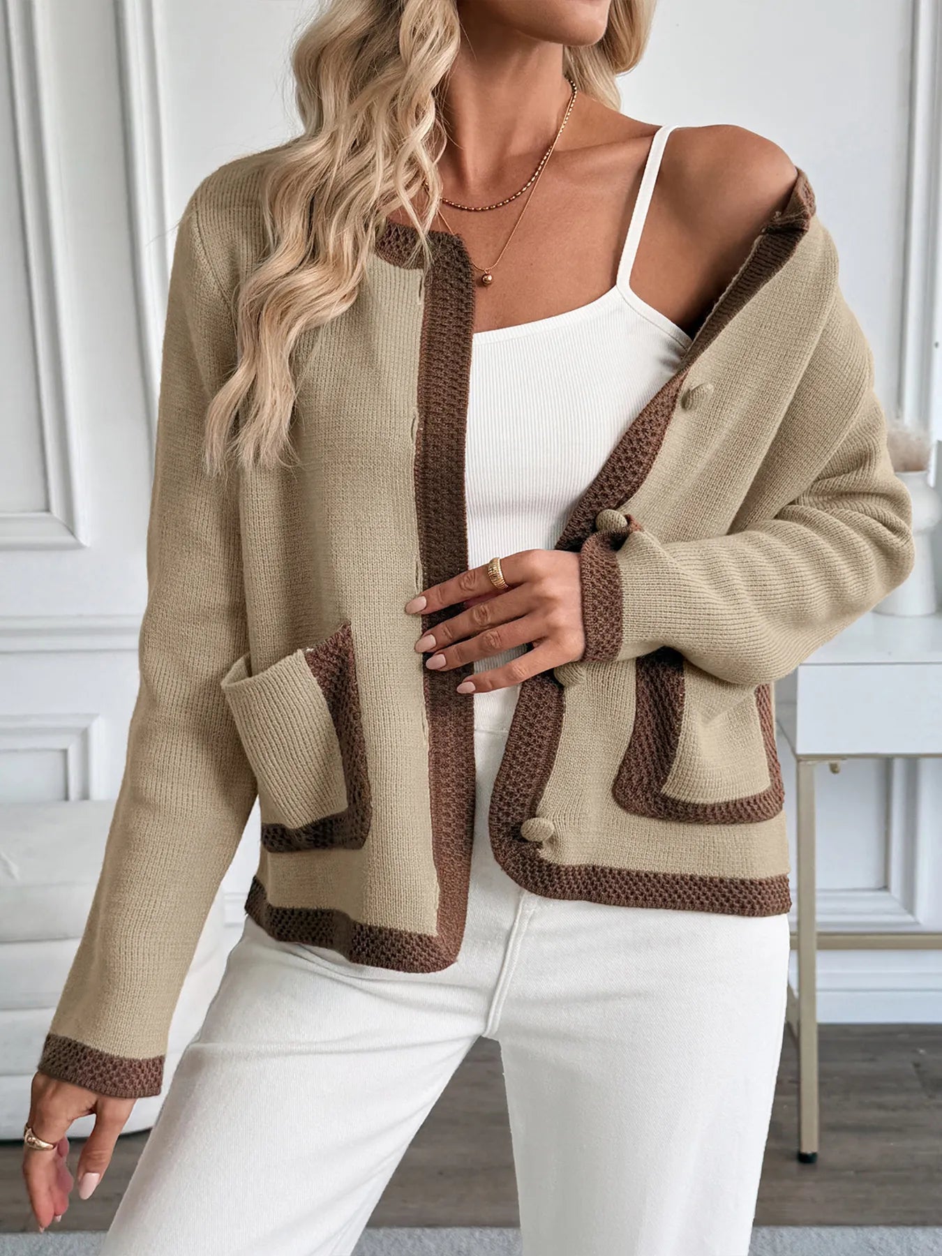 Button-Front Cardigan with Contrast Trim