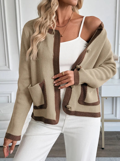 Button-Front Cardigan with Contrast Trim