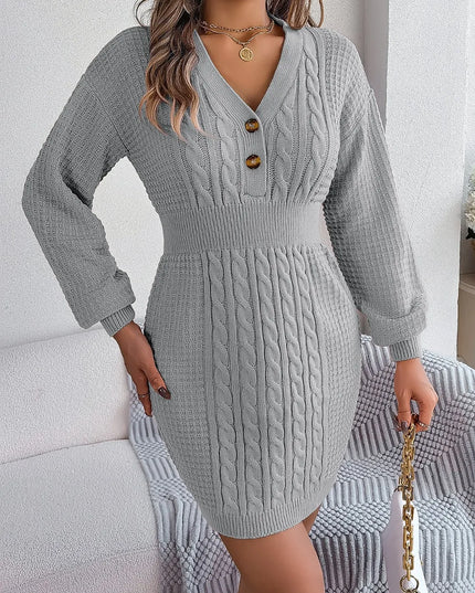 Buttoned Cable-Knit V-Neck Sweater Dress