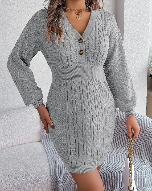Buttoned Cable-Knit V-Neck Sweater Dress