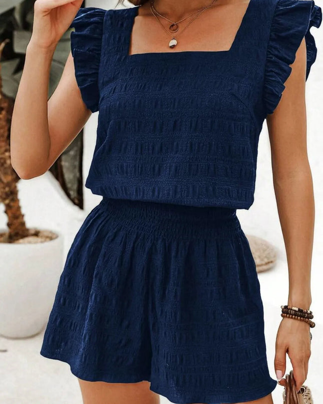 Textured Square Neck Top and Shirred High Waist Shorts Set Navy