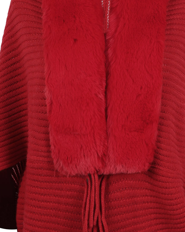 Fringe Detail Long Sleeve Ribbed Poncho