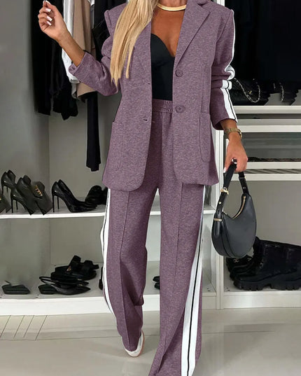 Full Size Contrast Lapel Collar Top and Pants Set Mauve