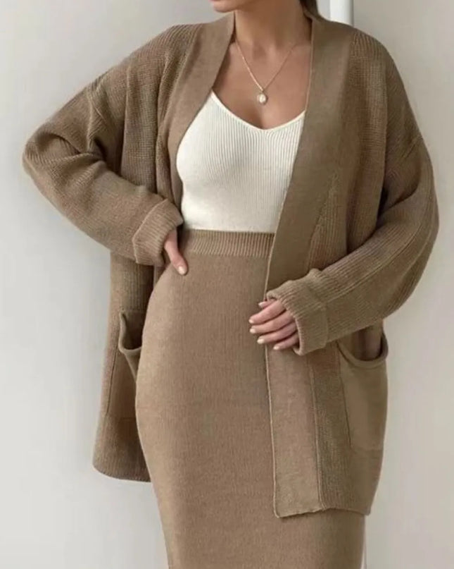 Pocketed Long Sleeve Cardigan and Skirt Sweater Set Camel One Size