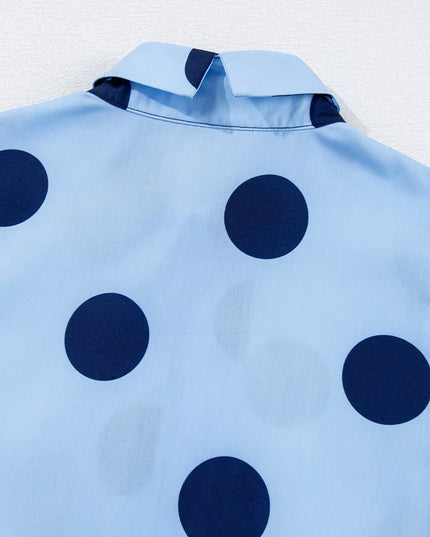Polka Dot Print Ruffled Short Sleeve Buttoned Collared Blouse