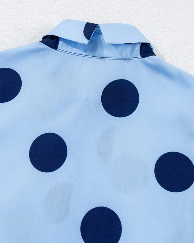 Polka Dot Print Ruffled Short Sleeve Buttoned Collared Blouse