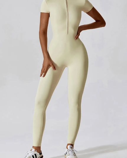 Basic Bae Half Zip Short Sleeve Active Jumpsuit 