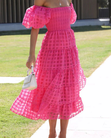 Off Shoulder Short Puff Sleeve Midi Dress