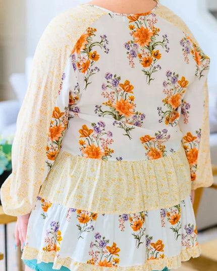 Plus Size Printed Tie Neck Long Sleeve Blouse