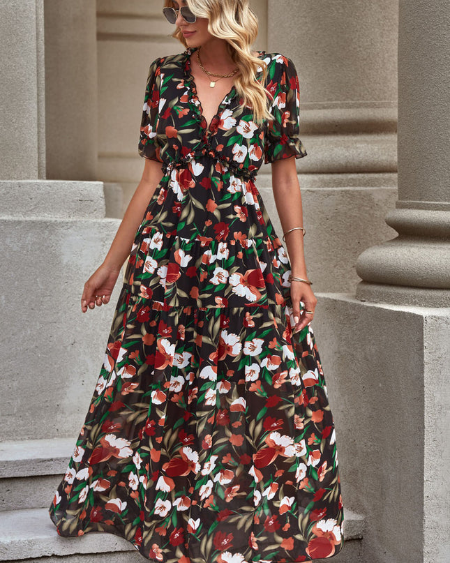 Floral V-Neck Short Flounce Sleeve Dress 