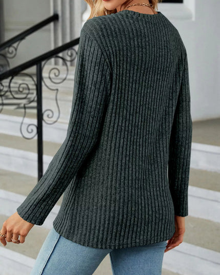 Ribbed Knit Decor Button T-Shirt