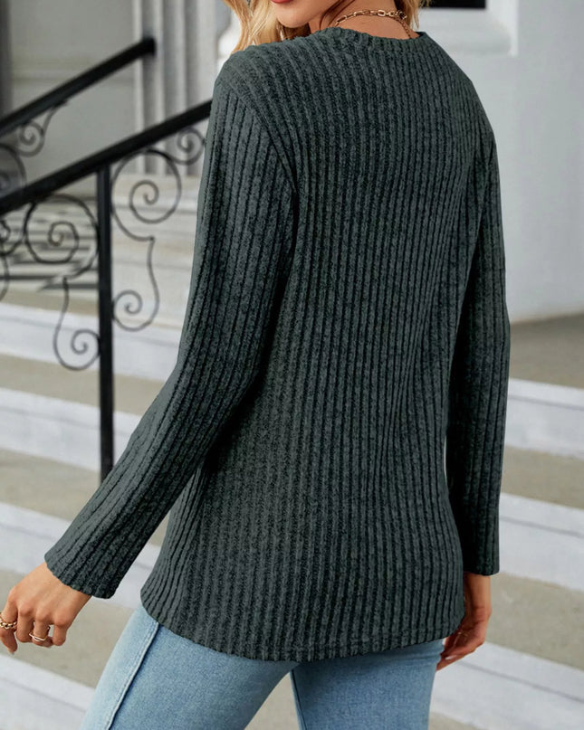 Ribbed Knit Decor Button T-Shirt