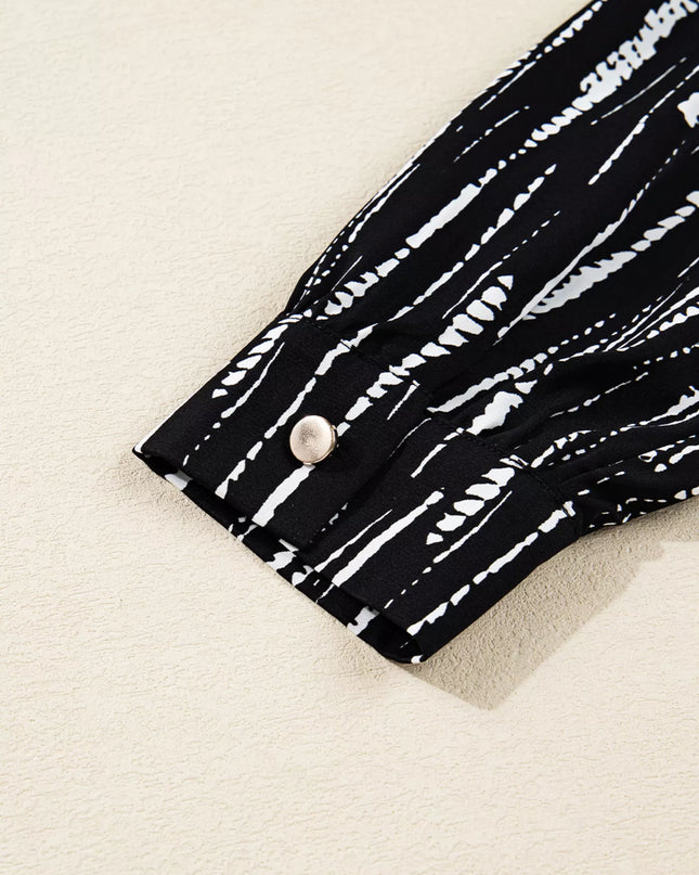 Abstract Printed Notched Long Sleeve Blouse