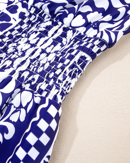 Shirred Waist V Neck Sleeveless Floral Print Midi Dress