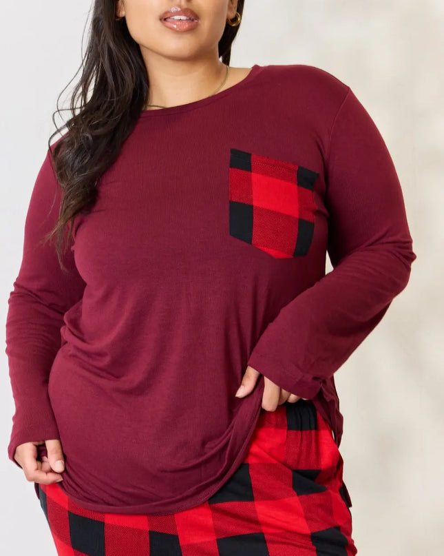 Zenana Full Size Plaid Round Neck Top and Pants Pajama Set