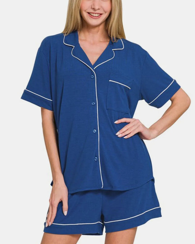 Zenana Button Down Short Sleeve Top and Shorts Lounge Set