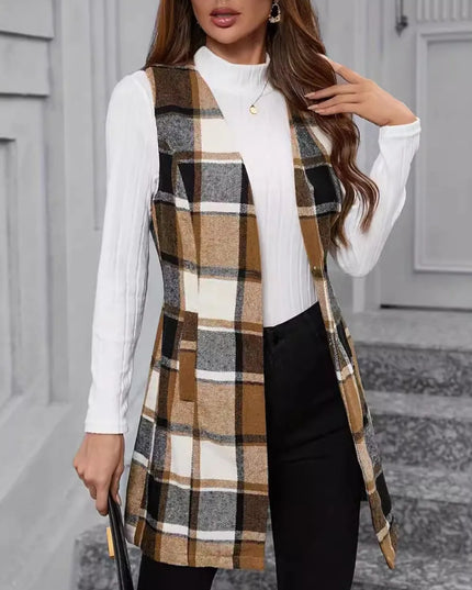 Plaid V-Neck Vest Coat Camel