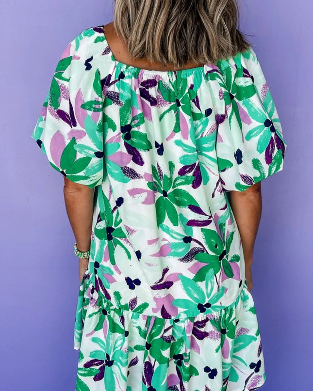 Floral Print Shirred Square Neck Loose Fit Mini Dress