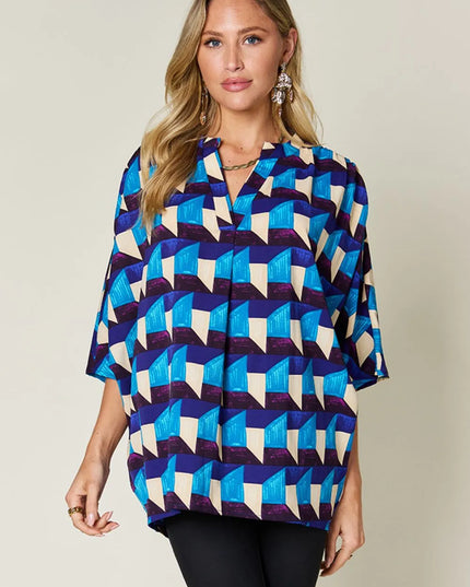 Double Take Full Size Geometric Notched Half Sleeve Blouse Sky Blue