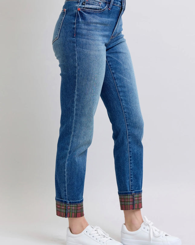 Judy Blue Full Size Mr Plaid Print Cuff Bf Jeans Plus Size