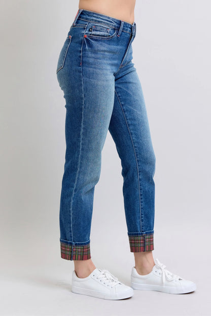 Judy Blue Full Size Mr Plaid Print Cuff Bf Jeans Plus Size