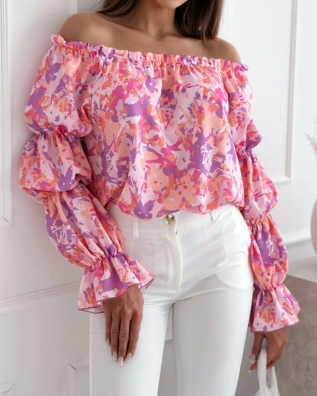 Off-Shoulder Floral Ruffle Blouse with Elastic Neckline