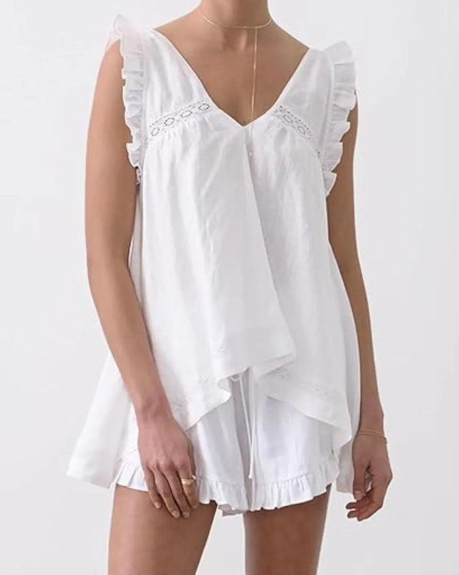 Ruffled V-Neck Top and Shorts Set White