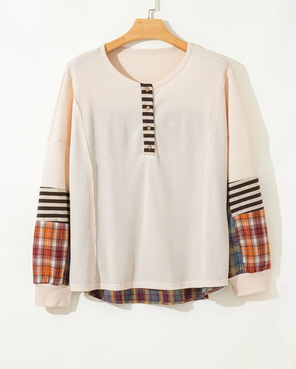 Waffle Stripe Plaid Patchwork Henley Knit Top