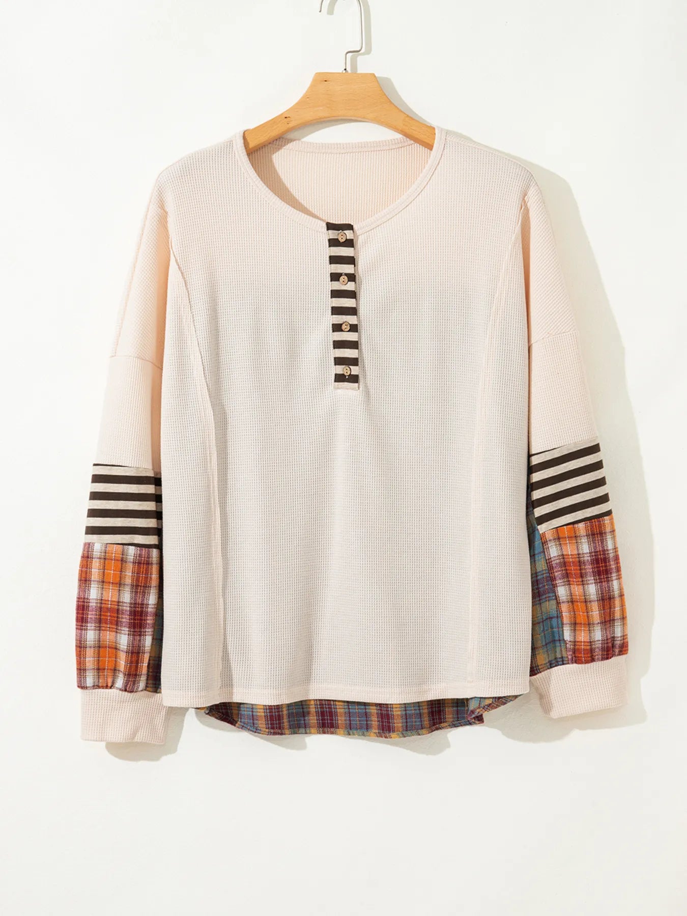 Waffle Stripe Plaid Patchwork Henley Knit Top