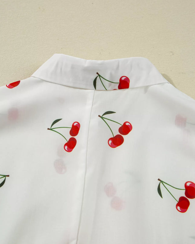 Cherry Print Flounce Sleeve Collared Frilled Babydoll Blouse