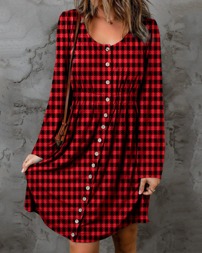 Double Take Full Size Plaid Round Neck Long Sleeve Magic Dress Deep Red