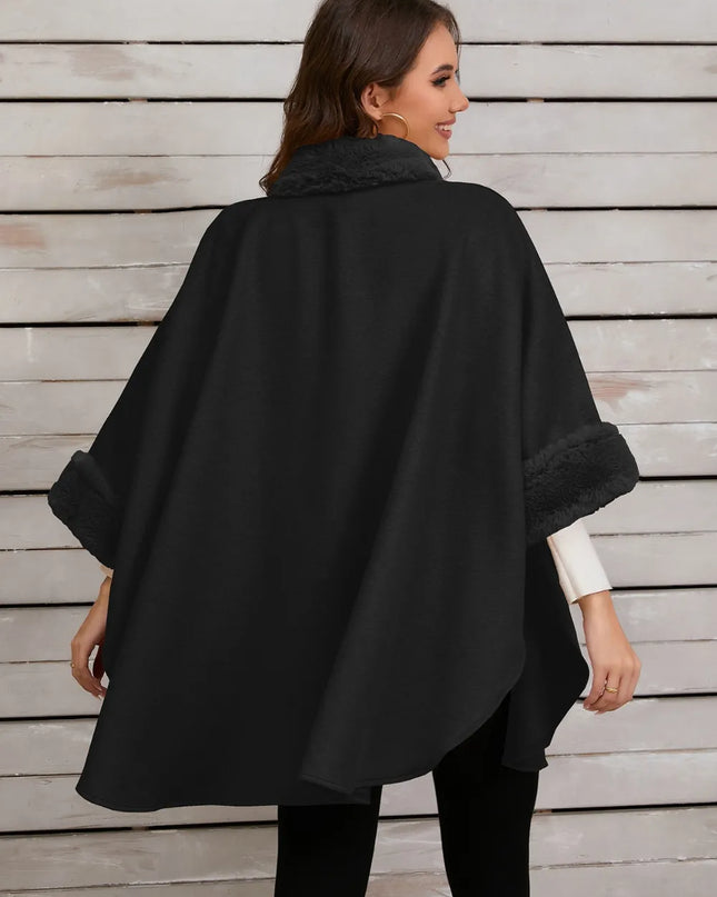 Fuzzy Trim Long Sleeve Poncho