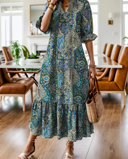 Full Size Bohemian Paisley Print Ruffle Hem Midi Dress Plus Size Teal
