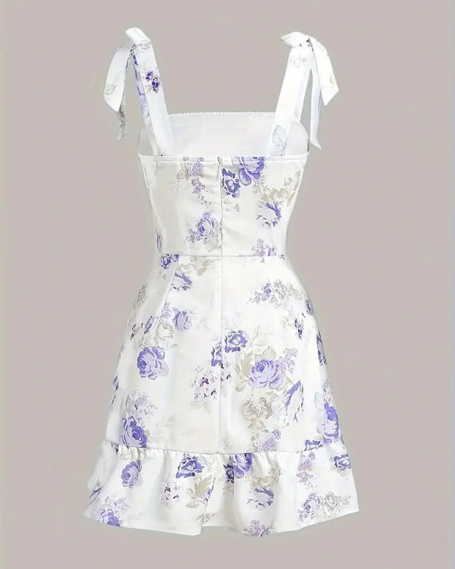 Ruffled Hem Floral Tie-Strap Mini Dress